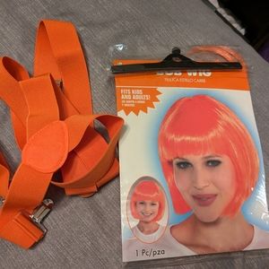 Orange wig and suspenders costume